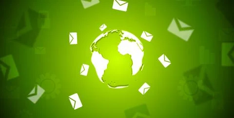 Tech banner with letters envelopes around the globe Stock Illustration