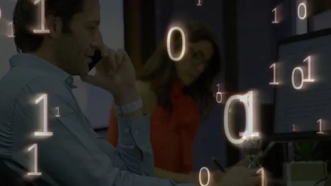 Tech binary code drifting intensifying, man pausing typing calling smartphone, Stock Footage 317206470
