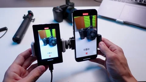 A tech blogger makes a video review on a smartphone and a screen broadcast Stock Footage 274401400