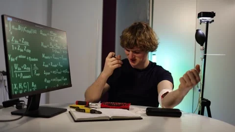 Tech blogger tests experimental technology on himself in home lab Stock Footage 324442711