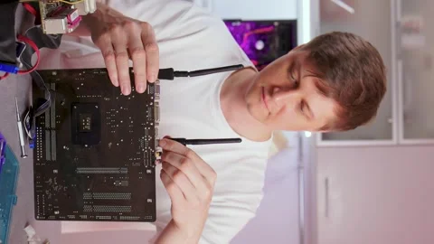 Tech build process. Hands carefully assembling motherboard on workspace. Modern Stock Footage 347876279