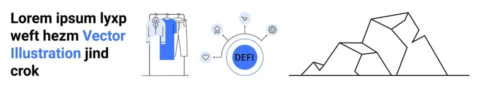 Tech buzzwords, human figure interacting with charts, blockchain DEF1 concept Stock Illustration