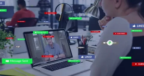 Tech call progressing, woman listening on laptop, message prompt morphing into Stock Footage 319571703