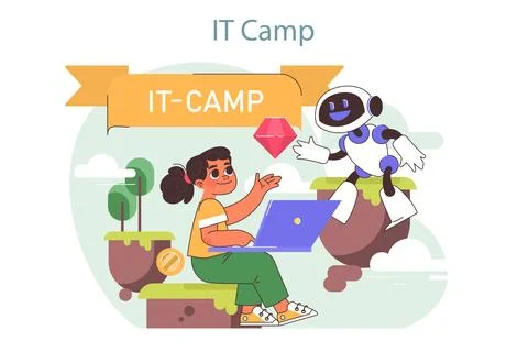 Tech camp for children. Computer science, AI, VR technologies 스톡 일러스트