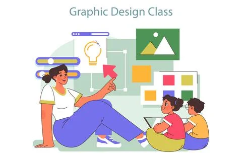 Tech camp for children. Graphic design educational course. Children learning Illustrazione stock