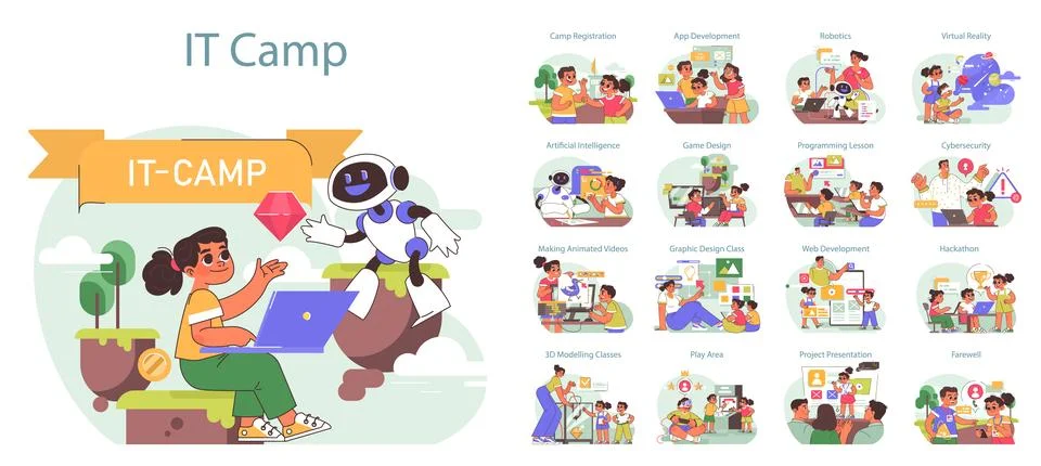 Tech camp for children set. Computer science, AI, VR technologies Illustrazione stock