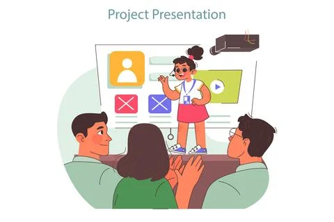 Tech camp for children. Student presenting her project at whiteboard Stock Illustration