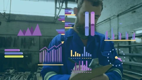 Tech checking clipboard, marking factory checklist, glancing right, walking with Stock Footage 335465562