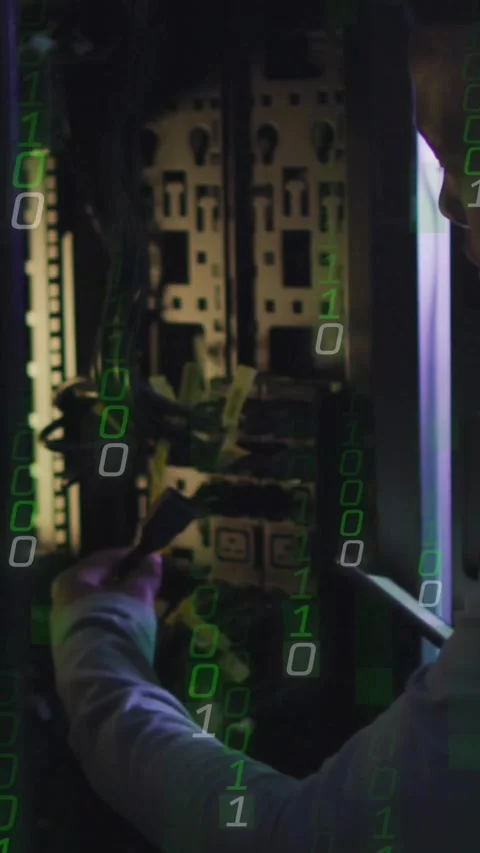 Tech checking phone, reaching into rack pulling cable for network test while Stock Footage 331638735
