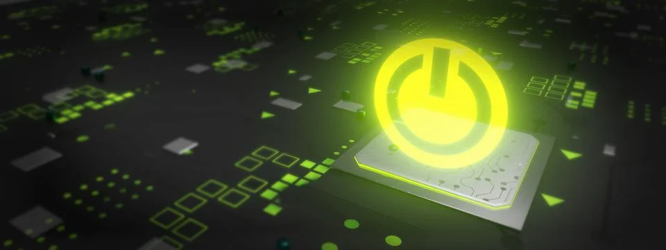 Tech circle green power button and technology background. 3D Render 스톡 일러스트