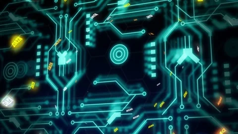 Tech circuit-board interface receiving data, lighting teal traces, guiding DATA Stock Footage 332704644