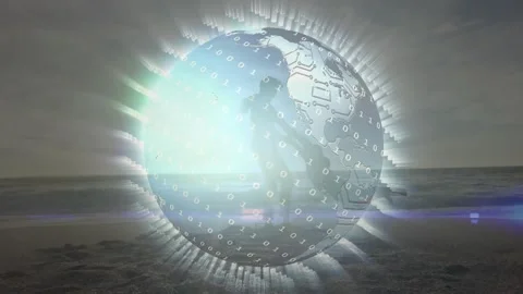 Tech circuit globe emerging on beach, aligning with faint man and showing binary Stock Footage 330563688
