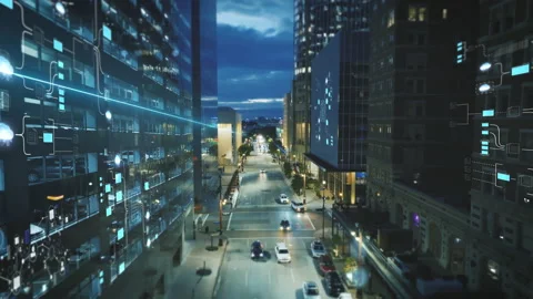 Tech city network, data spreading over building inside a metropolis - VFX Stock Footage 224086678