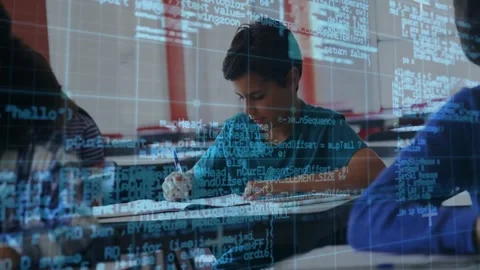 Tech code overlay scrolling over classroom and fading while boy in teal writing Stock Footage 325963471