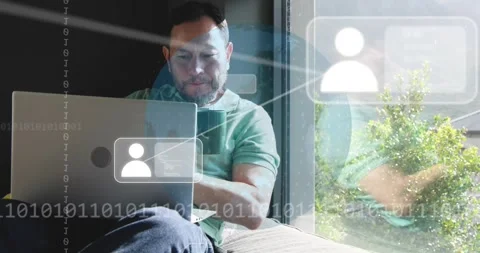 Tech coder by window typing and sipping coffee generating user icons linking Stock Footage 318307537
