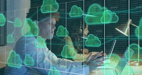 Tech coders typing driving clouds linking into network graph showing data flow Stock Footage 318142180