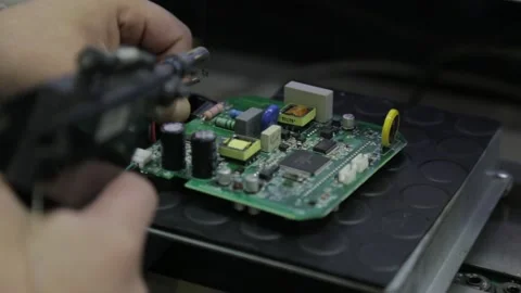 Tech components manual welding on assembly line Stock Footage 142736583