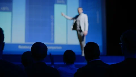 Tech Conference Auditorium Hall, Speaker Does Presentation New Product on Market Stock Footage 122811013
