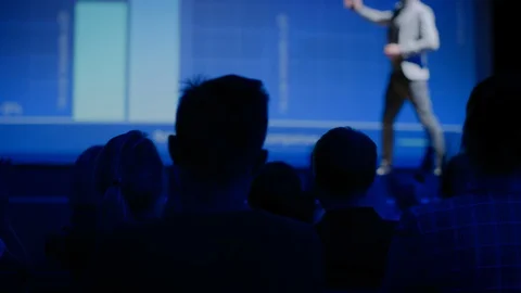 Tech Conference Auditorium Hall Speaker Presents New Product on the Market Stock Footage 122811033