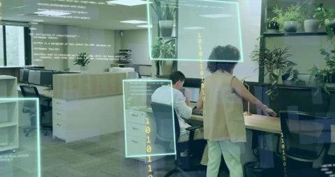 Tech consultant entering office activating hologram code around developer Stock Footage 314868695