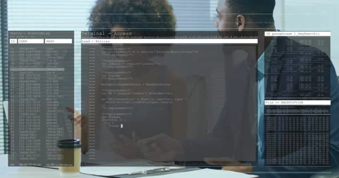 Tech coworkers reviewing code changes causing transparent overlay scrolling Stock Footage 315605443