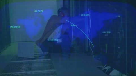 Tech crouching in server room, blue HUD appearing and guiding him reaching Stock Footage 334040707