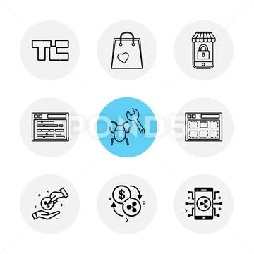 Tech crunch , shopping bag , lockes , website , bug , web , money , coins , c Stock Illustration