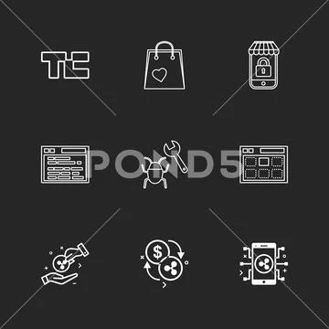 Tech crunch , shopping bag , lockes , website , bug , web , money , coins , c Stock Illustration