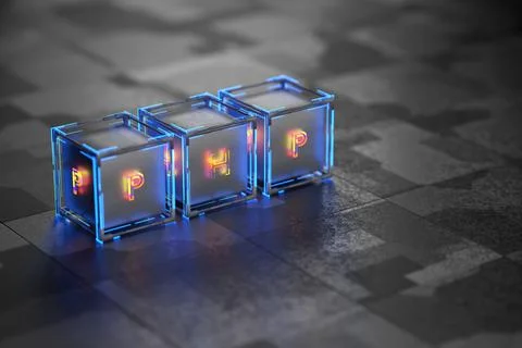 Tech cubes with php inscription. Php programming concept. 3d render. Stock Illustration