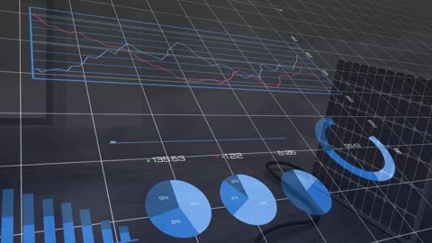 Tech dashboard animating charts on update, camera pan revealing donut 3D-grid Stock Footage 334034570