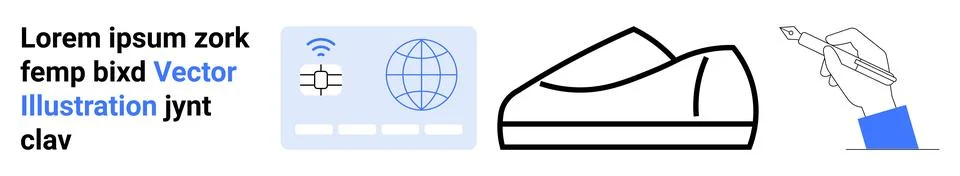 Tech dashboard with globe and wireless icon, casual shoe in outline style, ha Stock Illustration