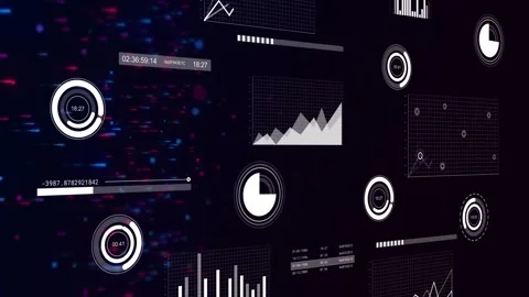 Tech dashboard receiving live feed, updating gauges, progress bars and charts Stock Footage 332288715