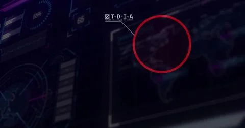 Tech dashboard receiving telemetry, red highlight magnifying grid, HUD charts Illustrazione stock