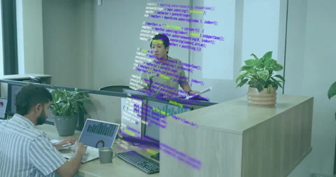 Tech data analyst shifting to project manager presenting data with animated code Stock Footage 314906369