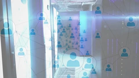 On tech data feed starting, empty hall backing avatar nodes and lines expanding Stock Footage 333192755