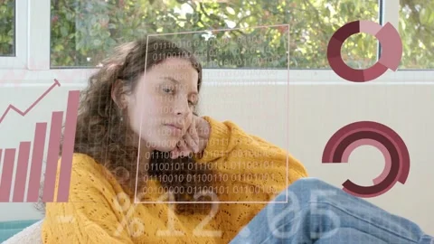 Tech data feed starting, woman reclining, pie and bar charts appearing over Stock Footage 333510288