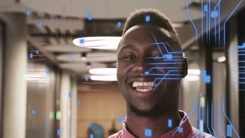 Tech data overlays appearing over face man in pink raising head, smiling, Stock Footage 333936803
