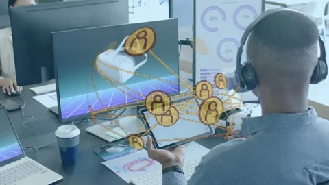 Tech designer holding tablet in office shifting and growing AR network linking Stock Footage 334729182