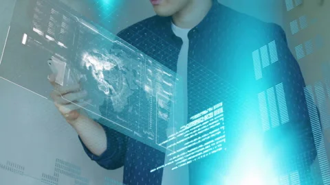 Tech designer tapping smartphone screen and activating holographic world map Stock Footage 311226206
