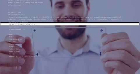 Tech dev holding pane tapping center and pinching adjusting while code glitch Stock Footage 328584482