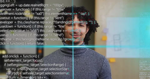 Tech dev watching blue scanlines crossing face as code sliding glitching Stock Footage 315486502