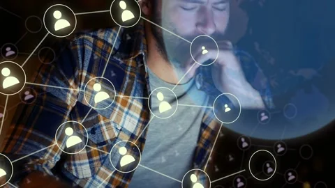 Tech developer activating expanding network map layering over scene analyzing Video stock 335739983