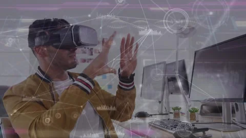 Tech developer adjusting VR headset and using UI via tapping swiping zooming Stock Footage 319682380