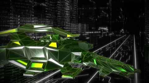 Tech Developer Creates Digital Binary World With Flying Green Vehicle Inside Stock Footage 158283858