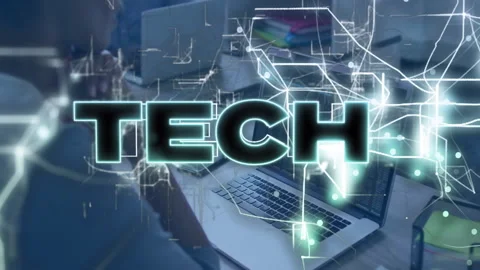 Tech developer entering code and activating network lines morphing into glowing Stockbeeldmateriaal 311900975