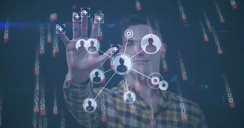 Tech developer raising hand toward UI, focus markers appearing, loader rising Stock Footage 313555094
