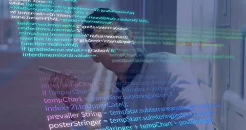 Tech developer raising phone speaking to review code on landing activating Stock Footage 328584453