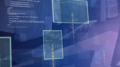 Tech developer responding to GUI overlays appearing tapping tablet and analyzing Video stock 334788951