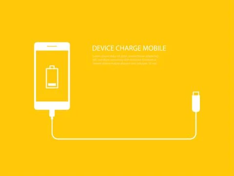 Tech device charge battery mobile phones with usb cable connect on yellow bac Stock Illustration