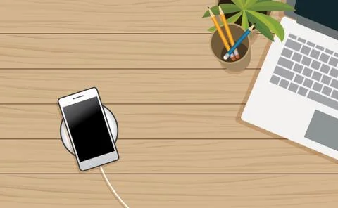 Tech device charge sharing battery mobile phones on wooden table. Stock Illustration